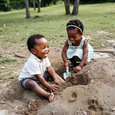African-American toddlers playing in sand