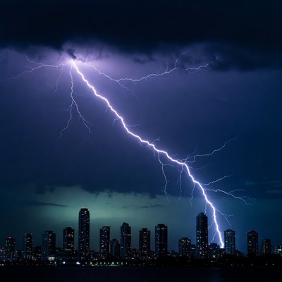 Lightning Storm Over City Skyline