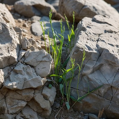 Green grass growing between rocks