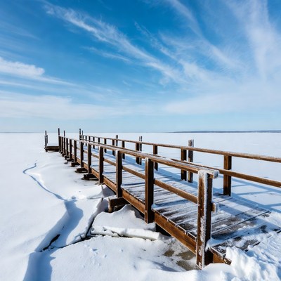 Wooden pier extending over frozen lake