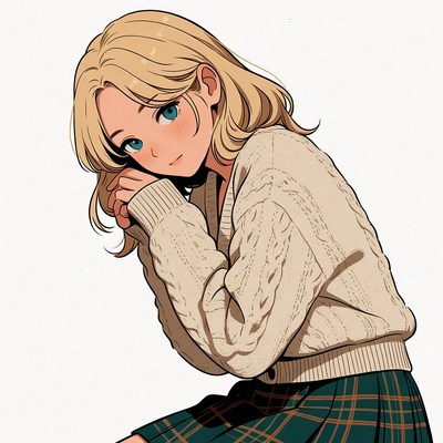 Blonde anime girl in sweater and skirt