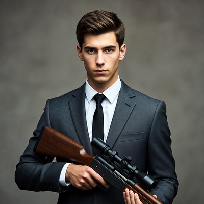 Man in suit holding sniper rifle
