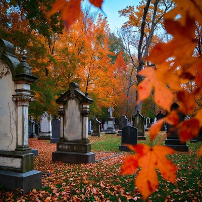 Autumn Cemetery with Orange Foliage