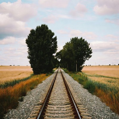 Railroad tracks between wheat fields