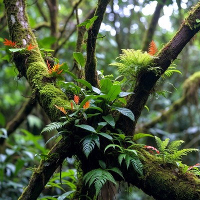 Mossy Tree Branches with Ferns and Orchids