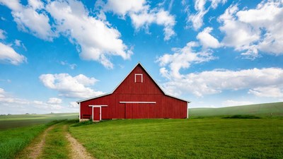 Red Barn in Green Field