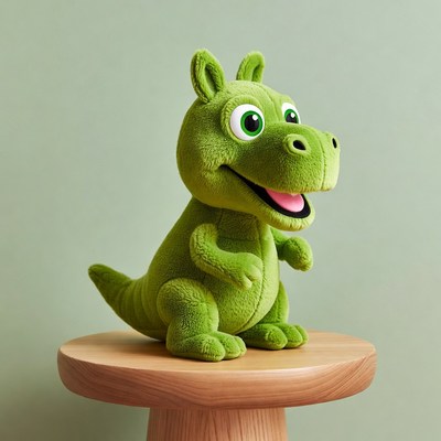 Green plush dinosaur toy smiling