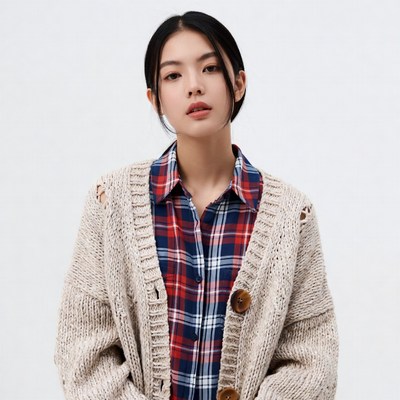 Asian woman in plaid shirt and sweater