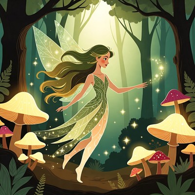 Fairy Flying in Enchanted Mushroom Forest