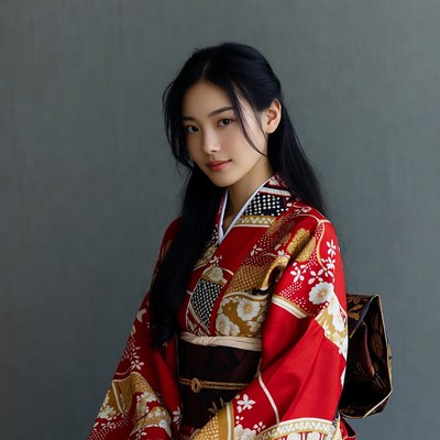 Asian woman in red kimono