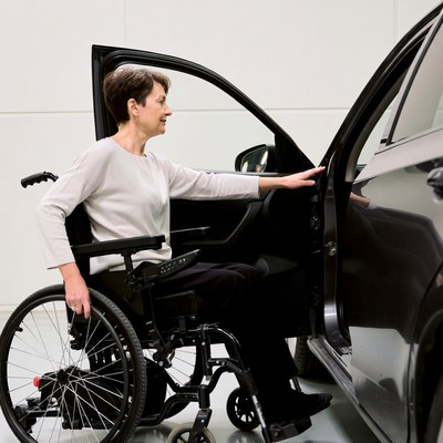 Woman in wheelchair entering car