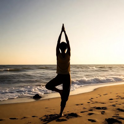 Woman in tree pose yoga beach sunset