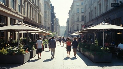 Crowded Pedestrian Street with Outdoor Cafes