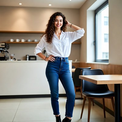 Smiling woman in white shirt and jeans