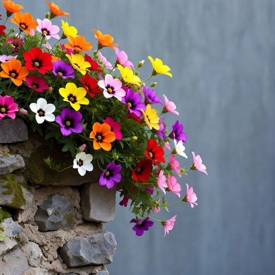 Colorful Trailing Petunias on Stone Wall