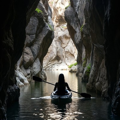 Woman kayaking in narrow canyon