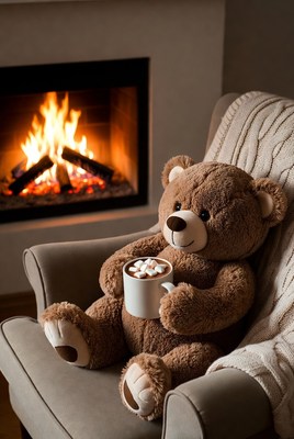 Teddy bear holding mug by fireplace