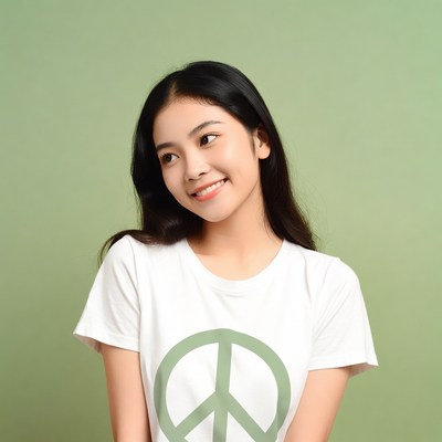 Asian woman smiling in peace t-shirt