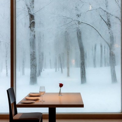 Table with rose overlooking snowy trees