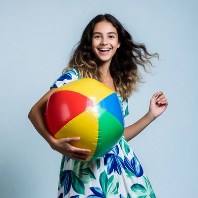 Girl holding colorful beach ball