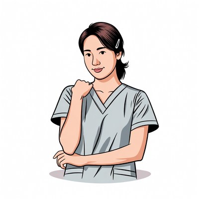 Asian nurse smiling with hand on chest
