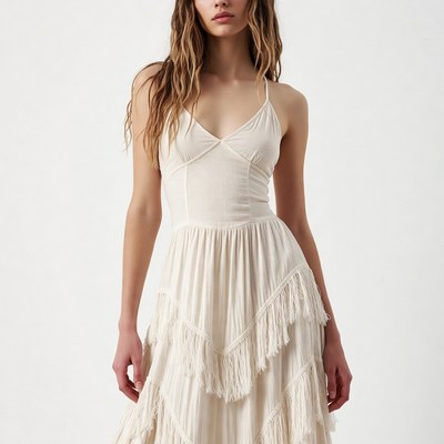 Woman in white fringed dress