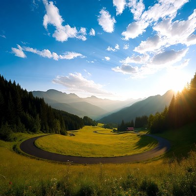 Curvy road in sunny mountain valley