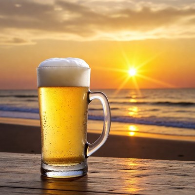 Beer glass on beach at sunset