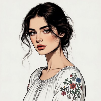 Beautiful woman in embroidered white blouse