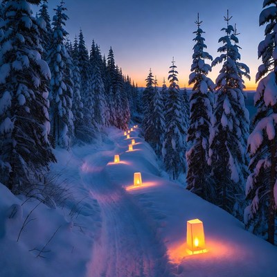 Snowy Forest Path Lined with Lanterns