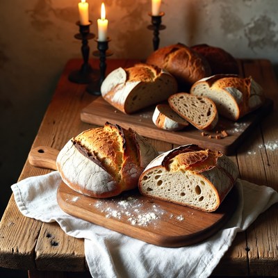 Fresh Artisan Bread on Wooden Boards