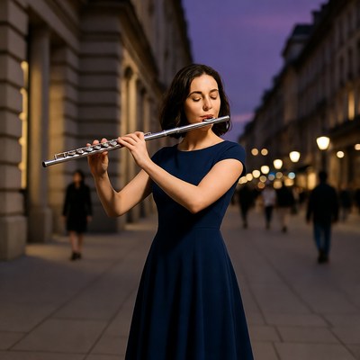 Woman playing flute on city street