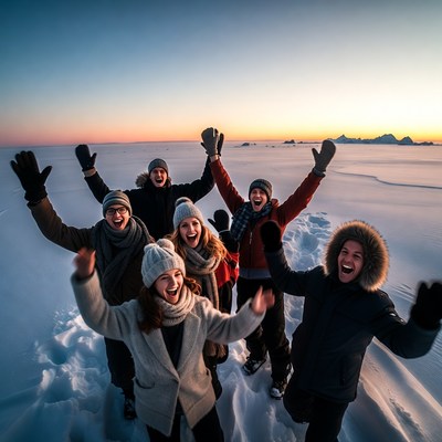 Group of friends celebrating on snowy landscape