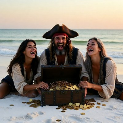 Pirate man with women holding treasure chest beach