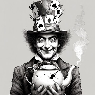 Mad Hatter holding broken teapot