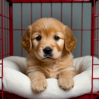 Golden Retriever Puppy in Red Crate