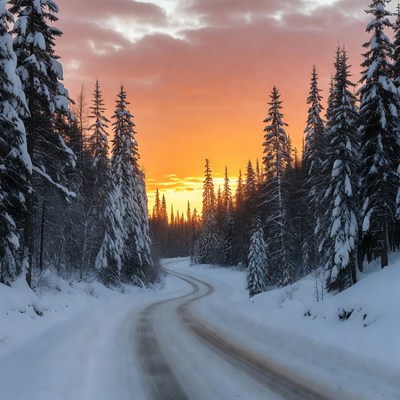 Snowy Forest Road at Sunset