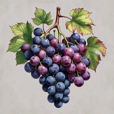 Bunch of purple grapes with leaves