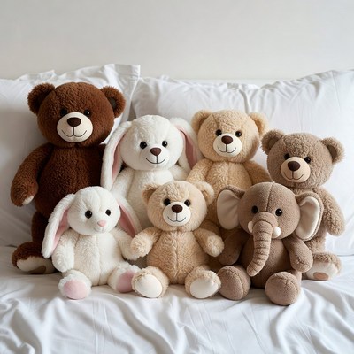Group of plush teddy bears on bed