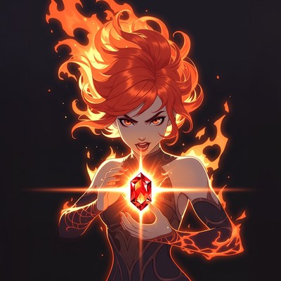 Fiery woman holding glowing red crystal