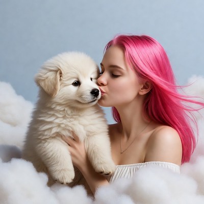 Woman kissing white puppy