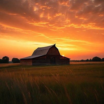 Red Barn at Sunset in Field