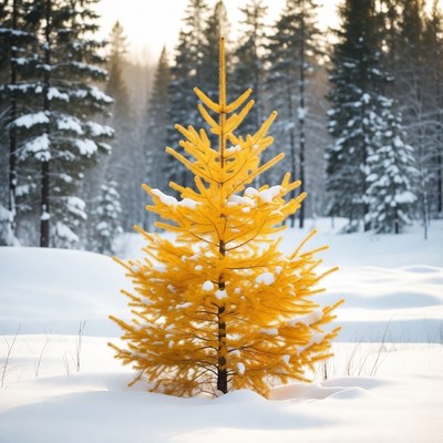 Yellow pine tree in snowy forest