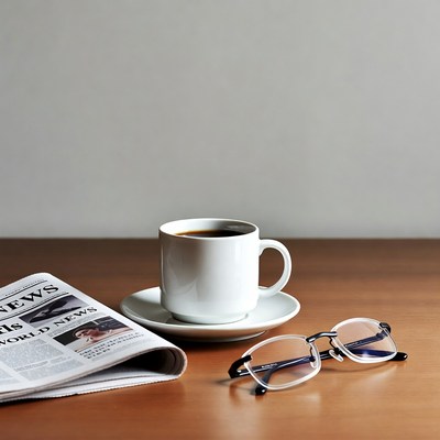 Coffee cup with newspaper and glasses