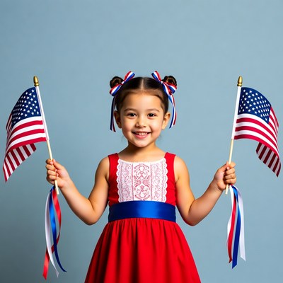 Asian girl holding American flags
