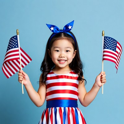 Asian girl holding American flags