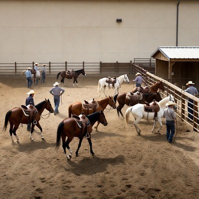 Cowboys Handling Horses in Arena