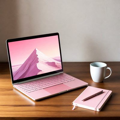 Pink laptop with mountain screen on desk