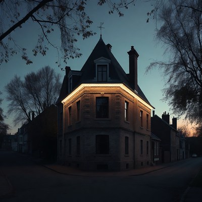 Lit Corner Brick House at Dusk
