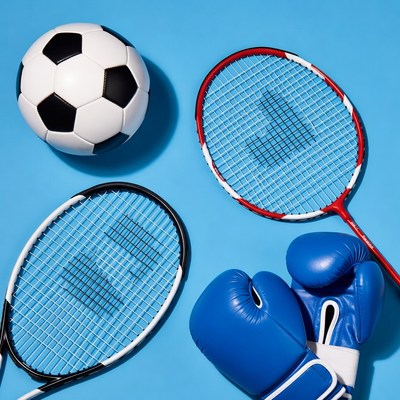 Sports equipment soccer ball tennis rackets boxing gloves